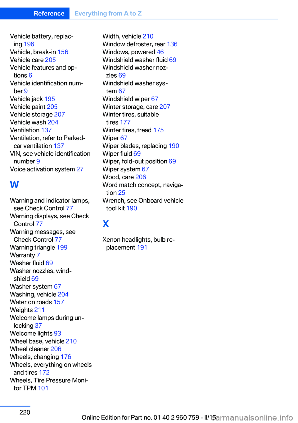 BMW M3 SEDAN 2016  Owners Manual Vehicle battery, replac‐ing  196  
Vehicle, break-in  156 
Vehicle care  205 
Vehicle features and op‐ tions  6 
Vehicle identification num‐ ber  9 
Vehicle jack  195 
Vehicle paint  205 
Vehicl