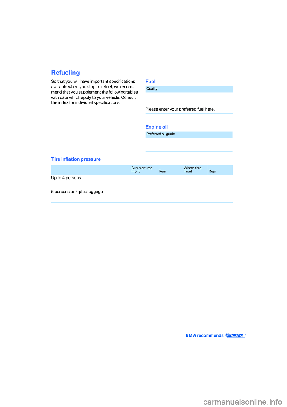 BMW M5 2007  Owners Manual Refueling
So that you will have important specifications 
available when you stop to refuel, we recom-
mend that you supplement the following tables 
with data which apply to your vehicle. Consult 
th
