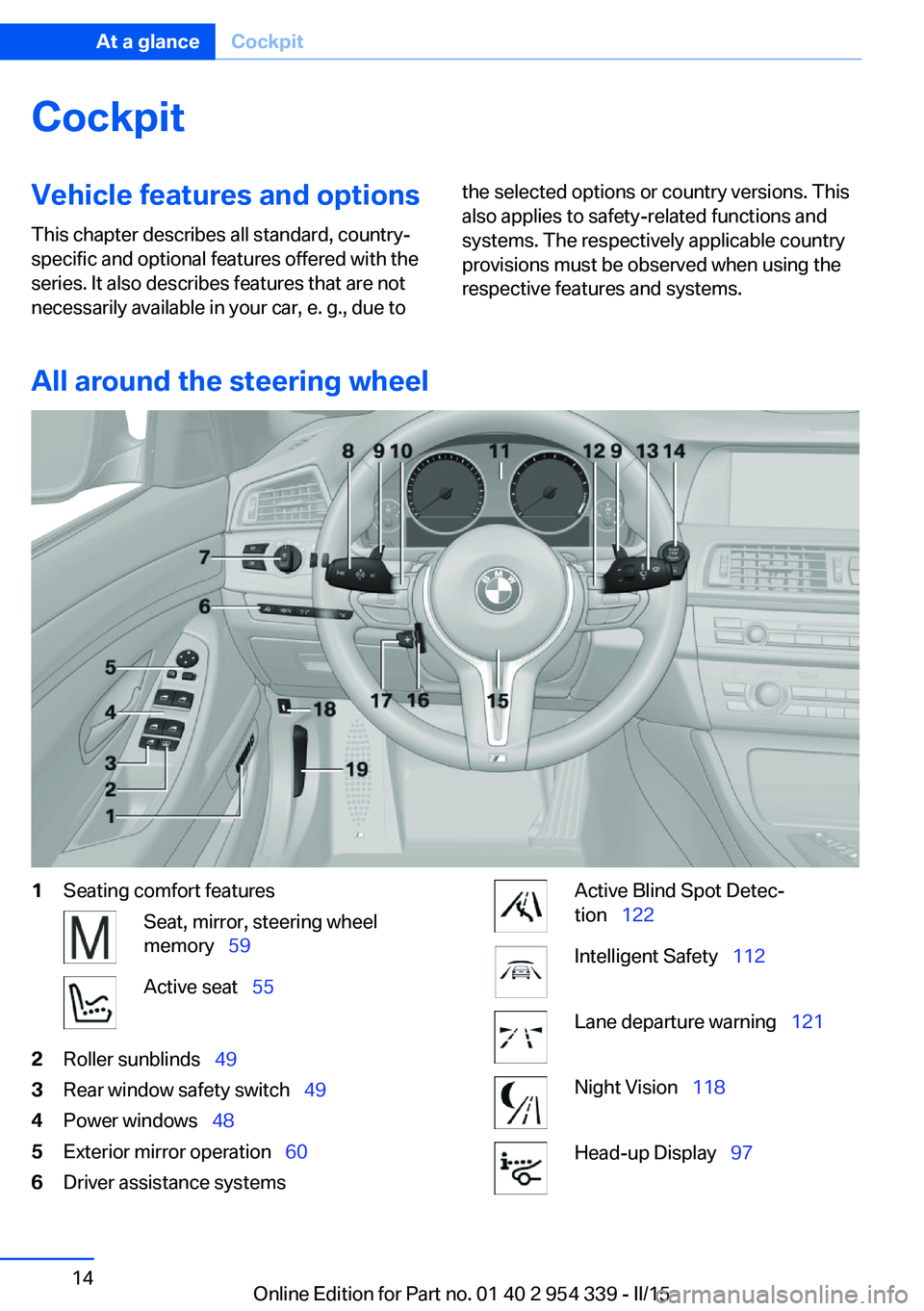 BMW M5 SEDAN 2015  Owners Manual CockpitVehicle features and options
This chapter describes all standard, country-
specific and optional features offered with the
series. It also describes features that are not
necessarily available 