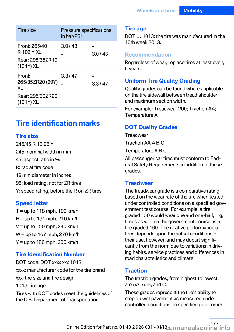BMW M5 SEDAN 2013 Owners Manual Tire sizePressure specifications
in bar/PSIFront: 265/40
R 102 Y XL
Rear: 295/35ZR19
(104Y) XL3.0 / 43
--
3.0 / 43Front:
265/35ZR20 (99Y)
XL
Rear: 295/30ZR20
(101Y) XL3.3 / 47
--
3.3 / 47
Tire identif BMW M5 SEDAN 2013 Owners Manual Tire sizePressure specifications
in bar/PSIFront: 265/40
R 102 Y XL
Rear: 295/35ZR19
(104Y) XL3.0 / 43
--
3.0 / 43Front:
265/35ZR20 (99Y)
XL
Rear: 295/30ZR20
(101Y) XL3.3 / 47
--
3.3 / 47
Tire identif