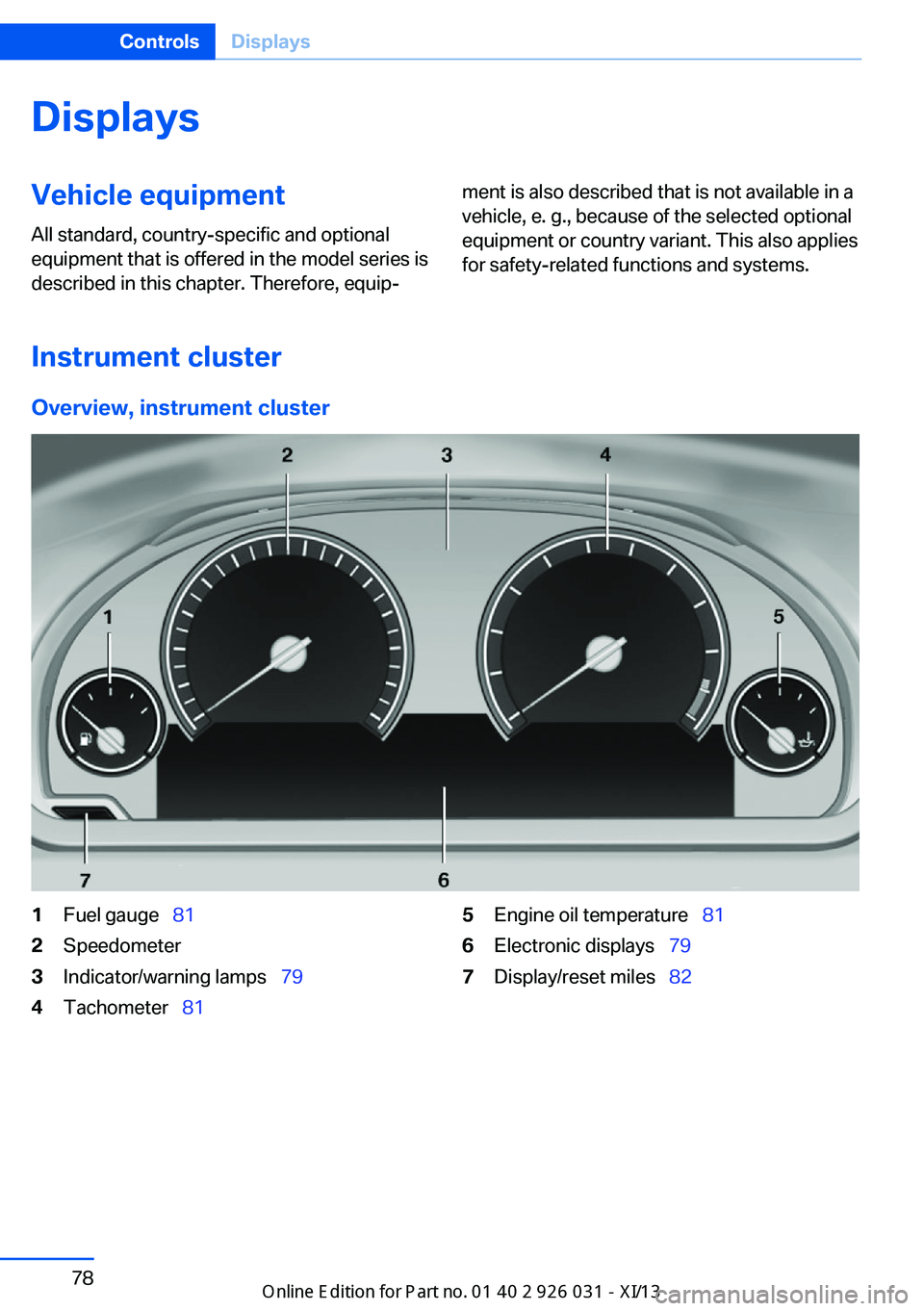 BMW M5 SEDAN 2013  Owners Manual DisplaysVehicle equipmentAll standard, country-specific and optional
equipment that is offered in the model series is
described in this chapter. Therefore, equip‐ment is also described that is not a