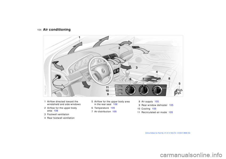 BMW M6 CONVERTIBLE 2002  Owners Manual 104n
1 Airflow directed toward the 
windshield and side windows
2 Airflow for the upper body 
area106
3 Footwell ventilation 
4 Rear footwell ventilation 5 Airflow for the upper body area 
in the rear