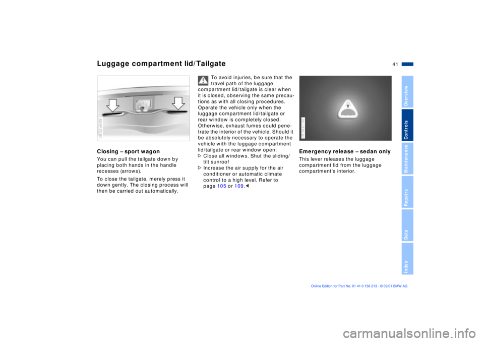 BMW M6 CONVERTIBLE 2002  Owners Manual 41n
OverviewControlsMaintenanceRepairsDataIndex
Luggage compartment lid/TailgateClosing Ð sport wagonYou can pull the tailgate down by 
placing both hands in the handle 
recesses (arrows).
To close t