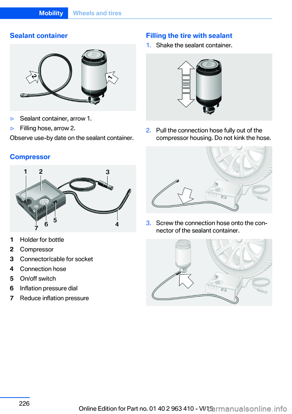 BMW X5 XDRIVE50I 2016  Owners Manual Sealant container▷Sealant container, arrow 1.▷Filling hose, arrow 2.
Observe use-by date on the sealant container.
Compressor
1Holder for bottle2Compressor3Connector/cable for socket4Connection ho