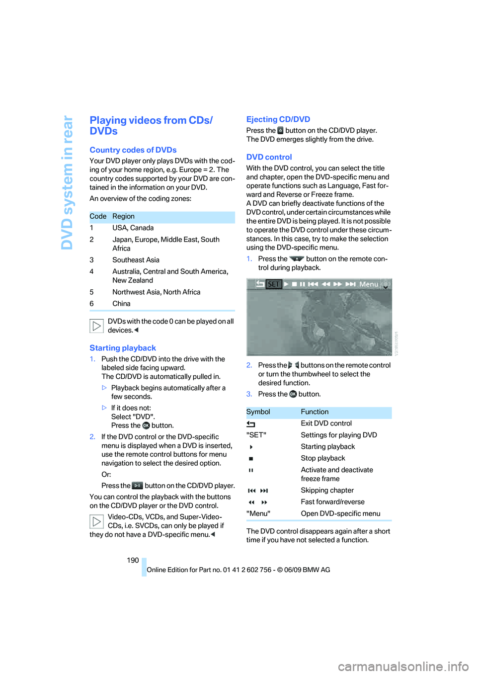BMW X6 2010  Owners Manual DVD system in rear
190
Playing videos from CDs/
DVDs
Country codes of DVDs
Your DVD player only plays DVDs with the cod-
ing of your home region, e.g. Europe = 2. The 
country codes supported by your 