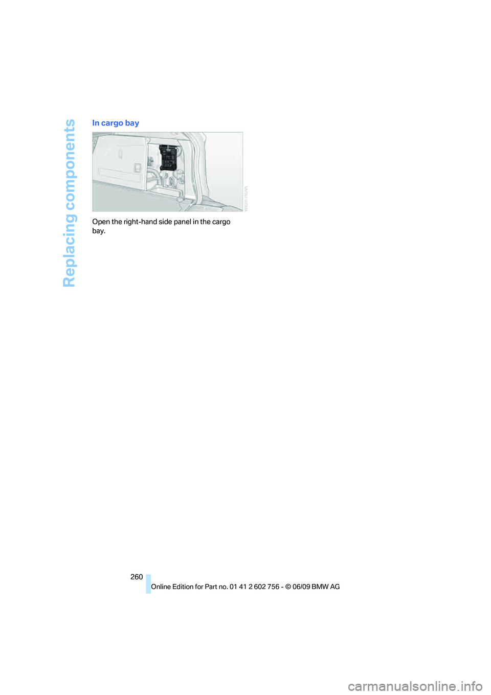 BMW X6 2010  Owners Manual Replacing components
260
In cargo bay
Open the right-hand side panel in the cargo 
bay.
ba8_e70ag.book  Seite 260  Freitag, 5. Juni 2009  11:42 11 