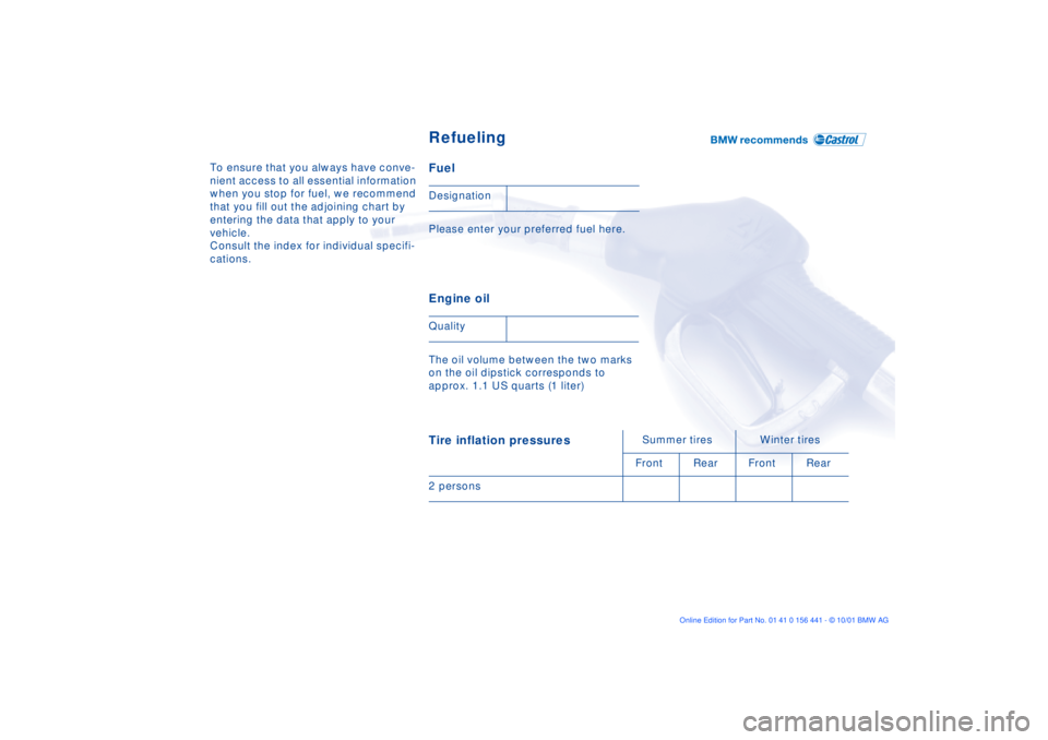 BMW Z3 2002  Owners Manual To ensure that you always have conve-
nient access to all essential information 
when you stop for fuel, we recommend 
that you fill out the adjoining chart by 
entering the data that apply to your 
v