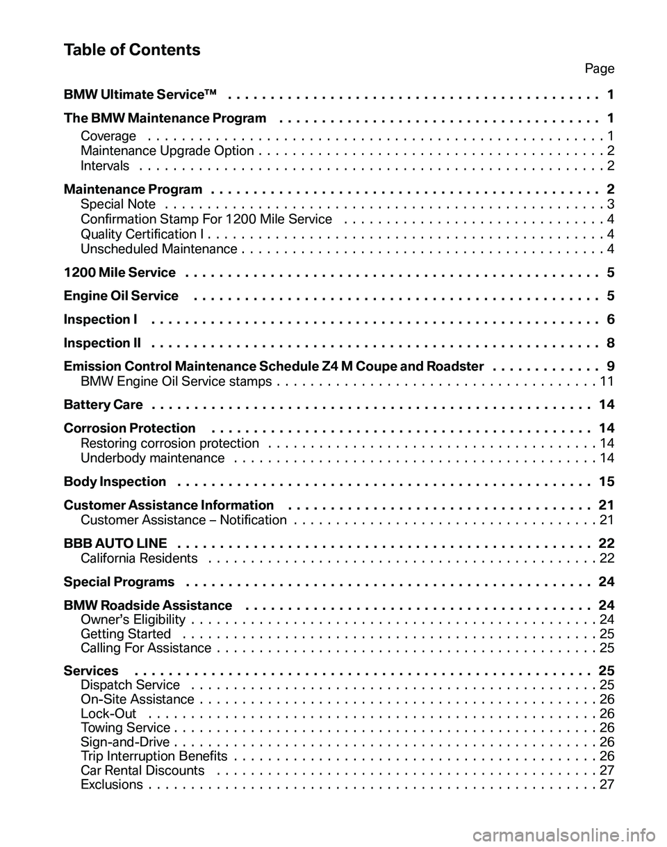BMW Z4 M COUPE 2008 Owners Manual Table of Contents
Page
BMW Ultimate Service™ ............................................ 1
The BMW Maintenance Program ...................................... 1
Coverage ....................... BMW Z4 M COUPE 2008 Owners Manual Table of Contents
Page
BMW Ultimate Service™ ............................................ 1
The BMW Maintenance Program ...................................... 1
Coverage .......................