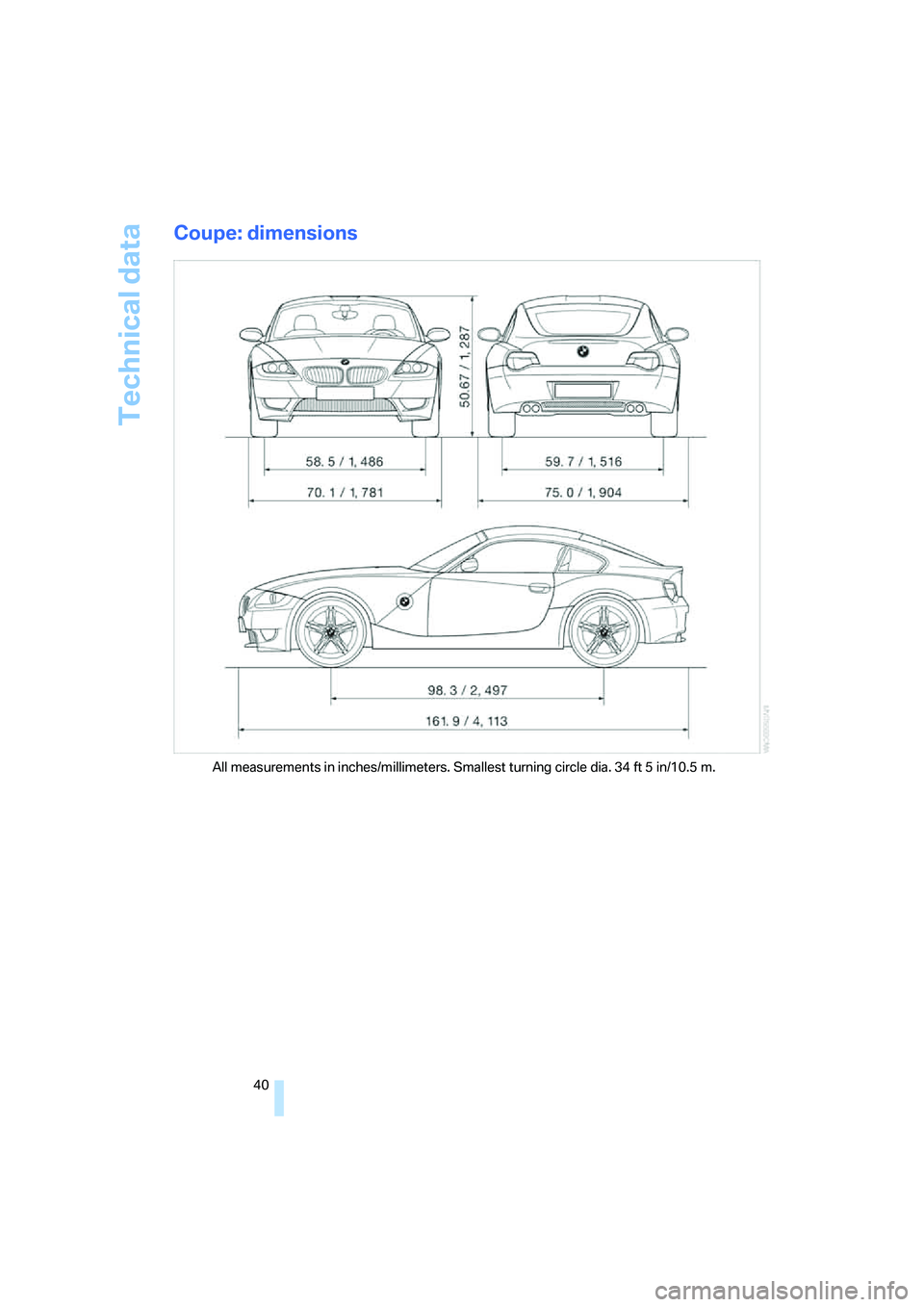 BMW Z4 M ROADSTER&COUPE 2007  Owners Manual 
Technical data
40
Coupe: dimensions
All measurements in inches/millimeters. Smallest turning circle dia. 34 ft 5 in/10.5 m. 