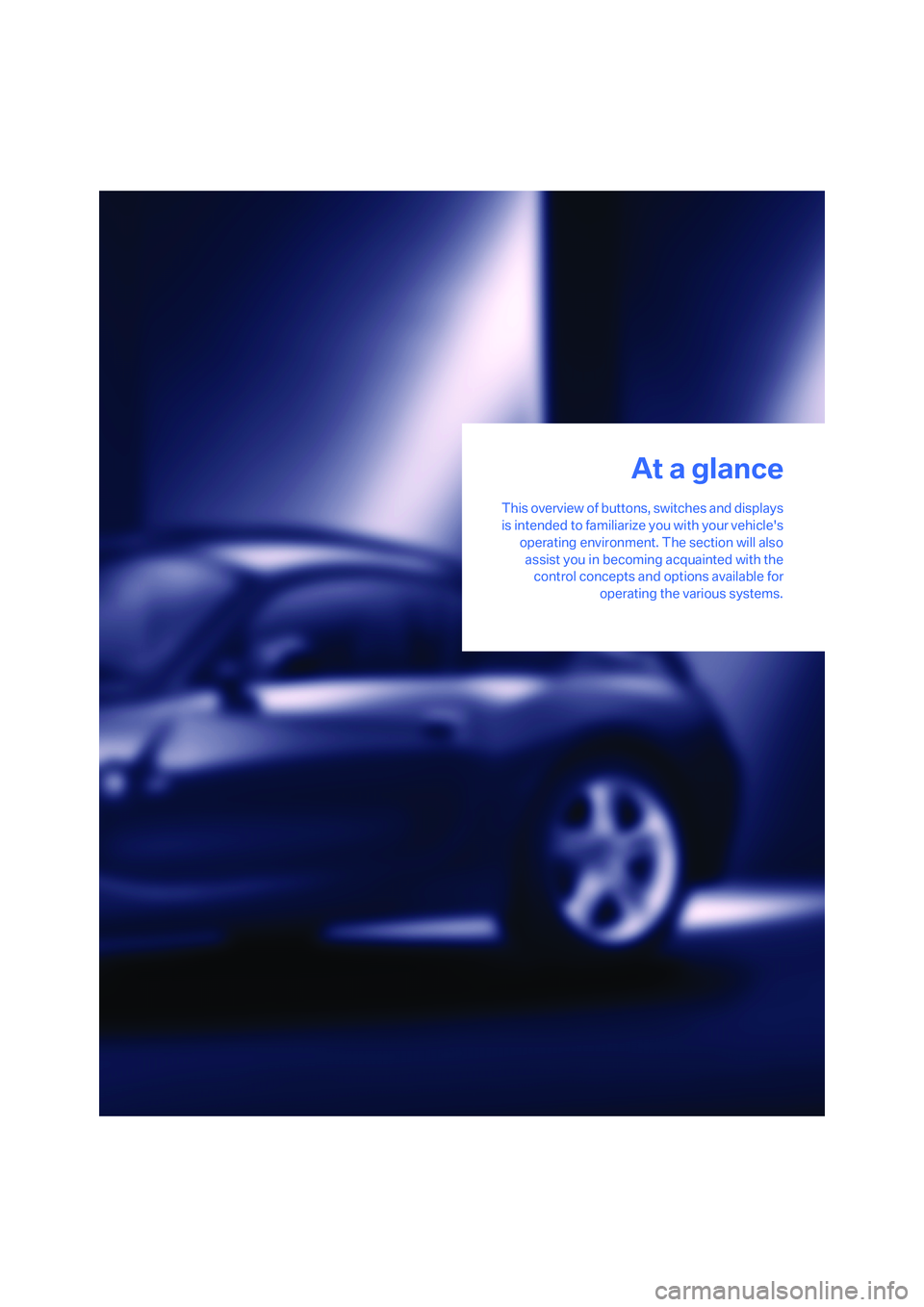 BMW Z4 M ROADSTER&COUPE 2007  Owners Manual 
At a glance
This overview of buttons, switches and displays
is intended to familiarize you with your vehiclesoperating environment. The section will alsoassist you in becoming acquainted with the co