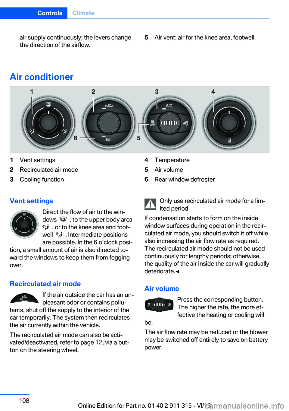 BMW Z4 SDRIVE28I 2014  Owners Manual air supply continuously; the levers change
the direction of the airflow.5Air vent: air for the knee area, footwell
Air conditioner
1Vent settings2Recirculated air mode3Cooling function4Temperature5Air