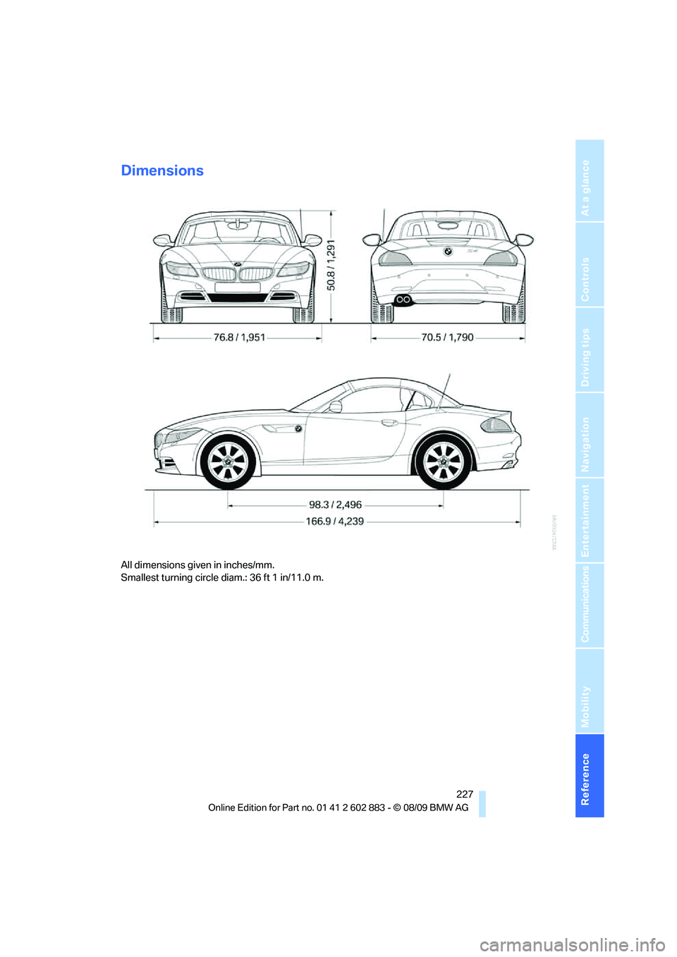 BMW Z4 SDRIVE30I 2010  Owners Manual Reference 227
At a glance
Controls
Driving tips
Communications
Navigation
Entertainment
Mobility
Dimensions
All dimensions given in inches/mm. 
Smallest turning circle diam.: 36 ft 1 in/11.0 m. 