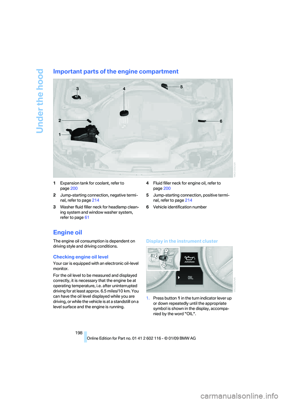 BMW Z4 SDRIVE30I 2009  Owners Manual Under the hood
198
Important parts of the engine compartment
1Expansion tank for coolant, refer to 
page 200
2 Jump-starting connection, negative termi-
nal, refer to page 214
3 Washer fluid filler ne