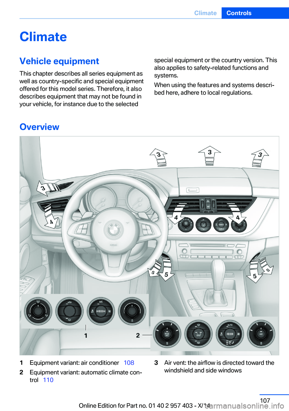 BMW Z4 SDRIVE35I 2016  Owners Manual ClimateVehicle equipmentThis chapter describes all series equipment as
well as country-specific and special equipment
offered for this model series. Therefore, it also
describes equipment that may not