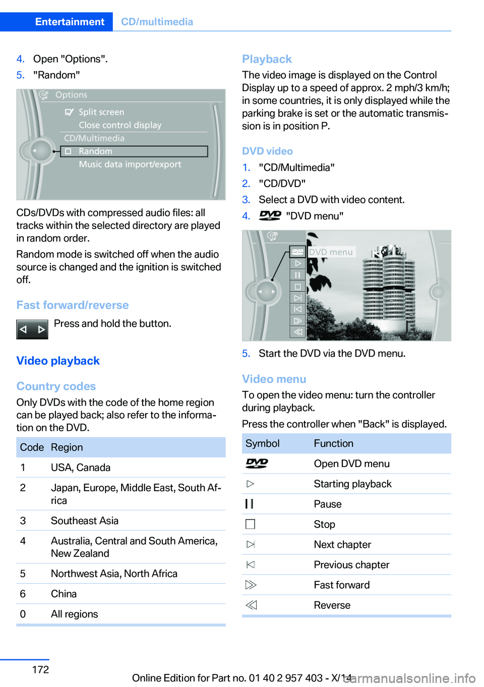 BMW Z4 SDRIVE35I 2016 Owners Manual 4.Open "Options".5."Random"
CDs/DVDs with compressed audio files: all
tracks within the selected directory are played
in random order.
Random mode is switched off when the audio
source BMW Z4 SDRIVE35I 2016 Owners Manual 4.Open "Options".5."Random"
CDs/DVDs with compressed audio files: all
tracks within the selected directory are played
in random order.
Random mode is switched off when the audio
source