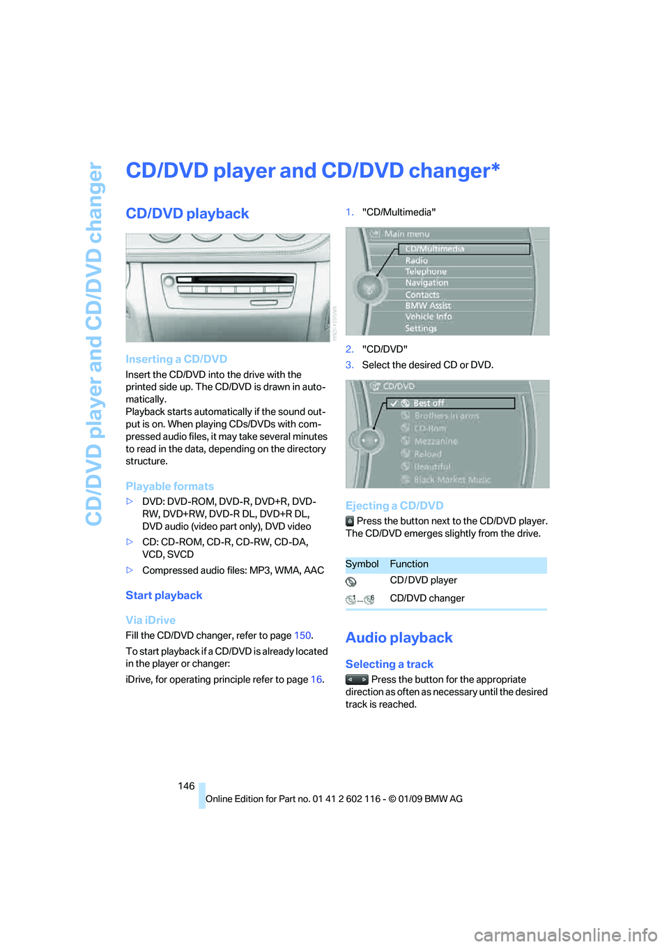 BMW Z4 SDRIVE35I 2009  Owners Manual CD/DVD player and CD/DVD changer
146
CD/DVD player and CD/DVD changer
CD/DVD playback
Inserting a CD/DVD
Insert the CD/DVD into the drive with the 
printed side up. The CD/D VD is drawn in auto-
matic