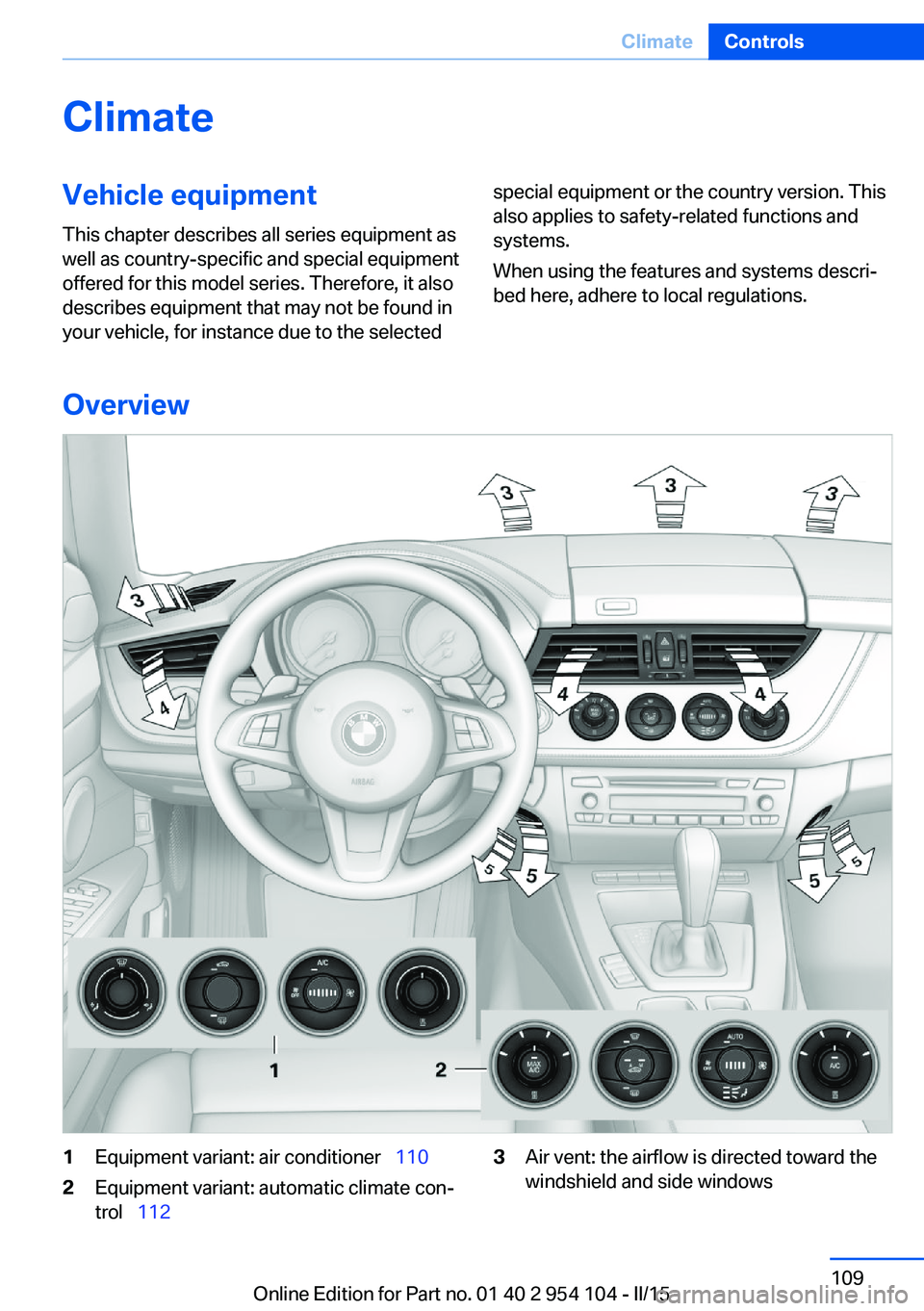 BMW Z4 SDRIVE35IS 2015  Owners Manual ClimateVehicle equipmentThis chapter describes all series equipment as
well as country-specific and special equipment
offered for this model series. Therefore, it also
describes equipment that may not