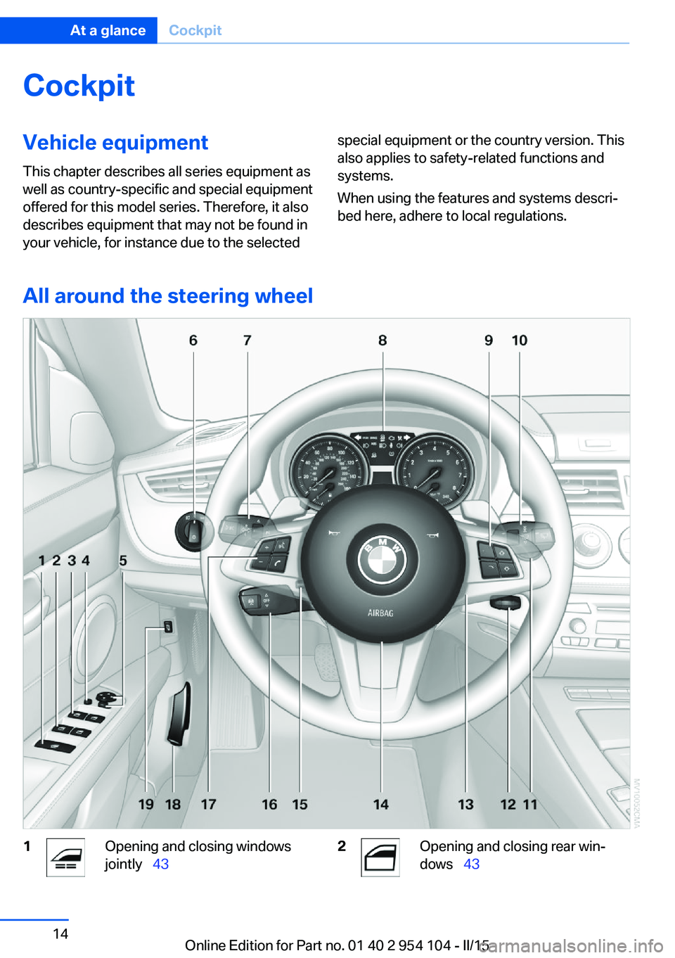 BMW Z4 SDRIVE35IS 2015  Owners Manual CockpitVehicle equipment
This chapter describes all series equipment as
well as country-specific and special equipment
offered for this model series. Therefore, it also
describes equipment that may no