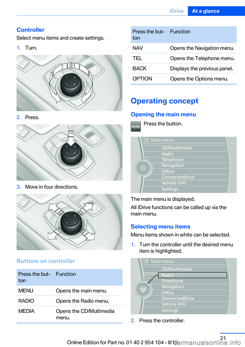 BMW Z4 SDRIVE35IS 2015  Owners Manual Controller
Select menu items and create settings.1.Turn.2.Press.3.Move in four directions.
Buttons on controller
Press the but‐
tonFunctionMENUOpens the main menu.RADIOOpens the Radio menu.MEDIAOpen