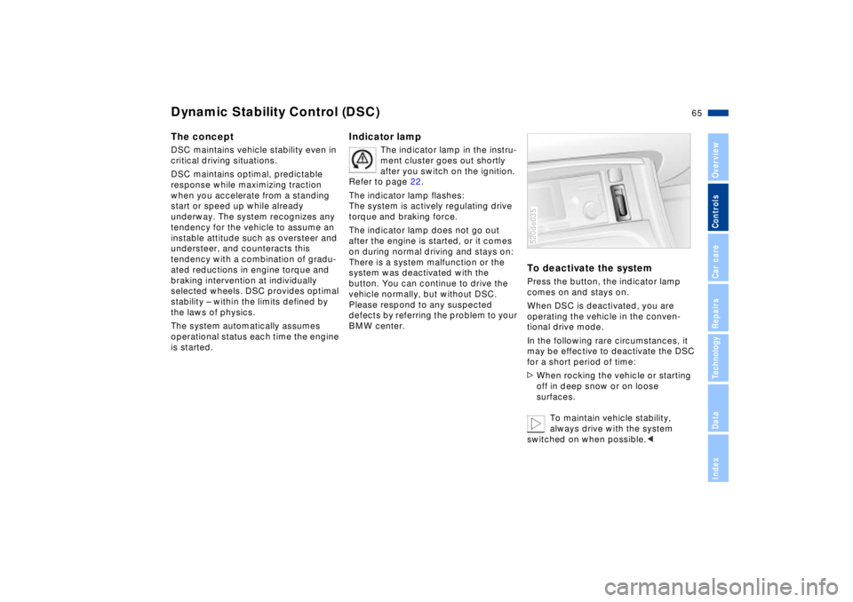BMW Z8 CONVERTIBLE 2002  Owners Manual 65n
IndexDataTechnologyRepairsCar careControlsOverview
The conceptDSC maintains vehicle stability even in 
critical driving situations.
DSC maintains optimal, predictable 
response while maximizing tr