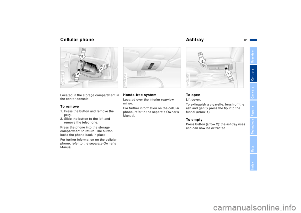 BMW Z8 CONVERTIBLE 2002  Owners Manual 81n
IndexDataTechnologyRepairsCar careControlsOverview
Cellular phone
 
Ashtray 
Located in the storage compartment in 
the center console. To remove1. Press the button and remove the 
plug. 
2. Slide