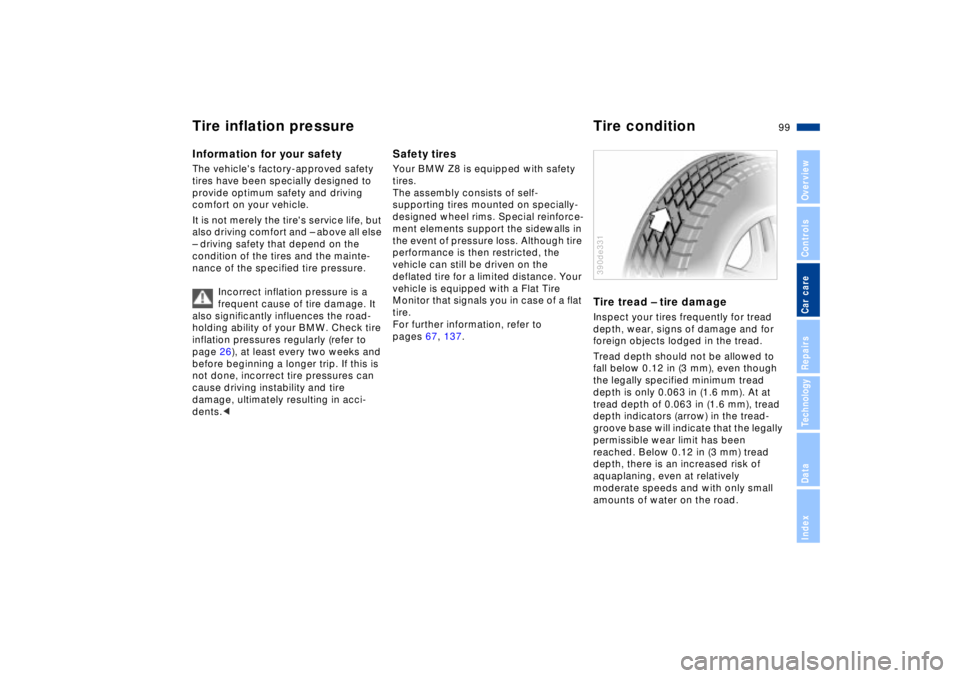BMW Z8 CONVERTIBLE 2002  Owners Manual 99n
IndexDataTechnologyRepairsCar careControlsOverview
Information for your safetyThe vehicles factory-approved safety 
tires have been specially designed to 
provide optimum safety and driving 
comf