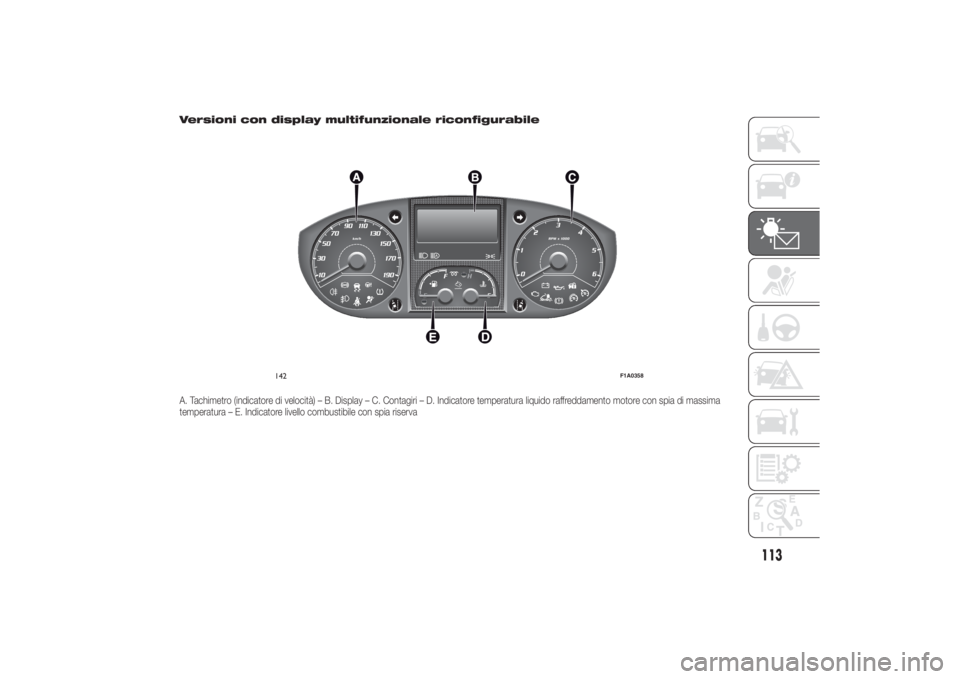 FIAT DUCATO 2014  Libretto Uso Manutenzione (in Italian) Versioni con display multifunzionale riconfigurabileA. Tachimetro (indicatore di velocità) – B. Display – C. Contagiri – D. Indicatore temperatura liquido raffreddamento motore con spia di mass