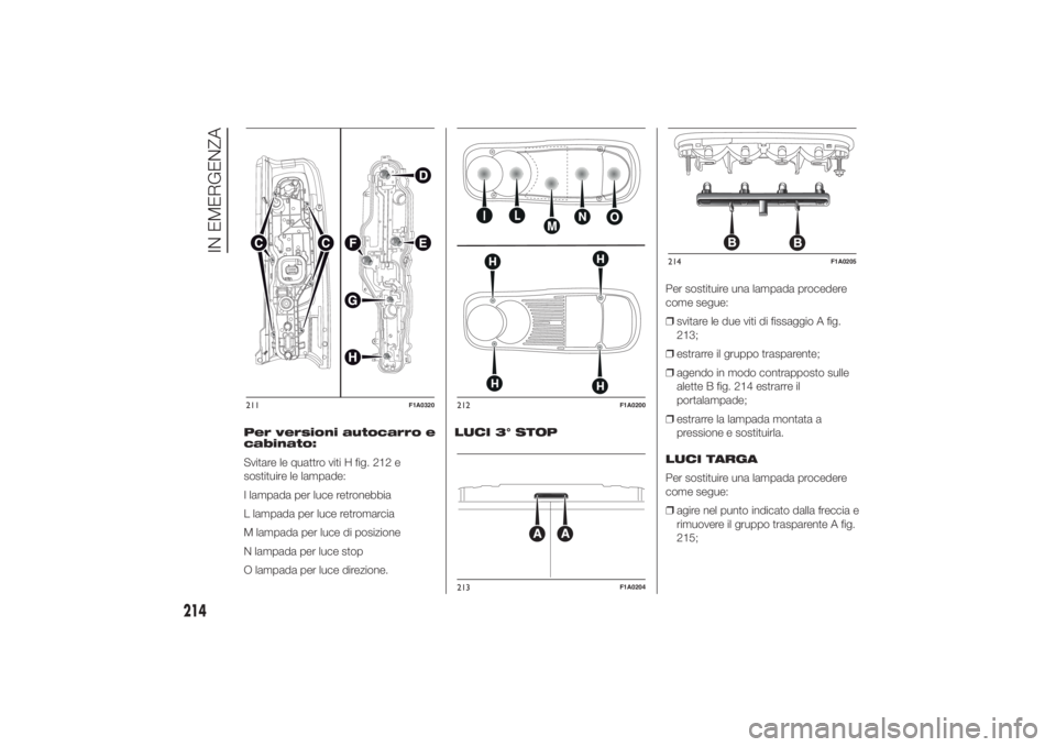 FIAT DUCATO 2014  Libretto Uso Manutenzione (in Italian) Per versioni autocarro e
cabinato:
Svitare le quattro viti H fig. 212 e
sostituire le lampade:
I lampada per luce retronebbia
L lampada per luce retromarcia
M lampada per luce di posizione
N lampada p