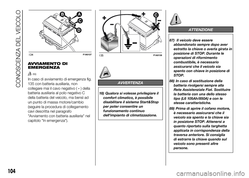 FIAT DUCATO 2016 Libretto Uso Manutenzione (in Italian) AVVIAMENTO DI
EMERGENZA
89)
In caso di avviamento di emergenza fig.
135 con batteria ausiliaria, non
collegare mai il cavo negativo (-) della
batteria ausiliaria al polo negativo C
della batteria del FIAT DUCATO 2016 Libretto Uso Manutenzione (in Italian) AVVIAMENTO DI
EMERGENZA
89)
In caso di avviamento di emergenza fig.
135 con batteria ausiliaria, non
collegare mai il cavo negativo (-) della
batteria ausiliaria al polo negativo C
della batteria del