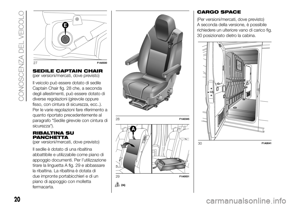 FIAT DUCATO 2018  Libretto Uso Manutenzione (in Italian) SEDILE CAPTAIN CHAIR
(per versioni/mercati, dove previsto)
Il veicolo può essere dotato di sedile
Captain Chair fig. 28 che, a seconda
degli allestimenti, può essere dotato di
diverse regolazioni (g