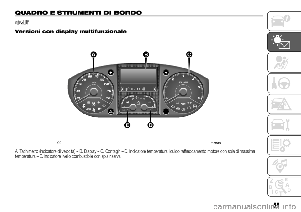 FIAT DUCATO 2018  Libretto Uso Manutenzione (in Italian) QUADRO E STRUMENTI DI BORDO
.
Versioni con display multifunzionale
A. Tachimetro (indicatore di velocità) – B. Display – C. Contagiri – D. Indicatore temperatura liquido raffreddamento motore c