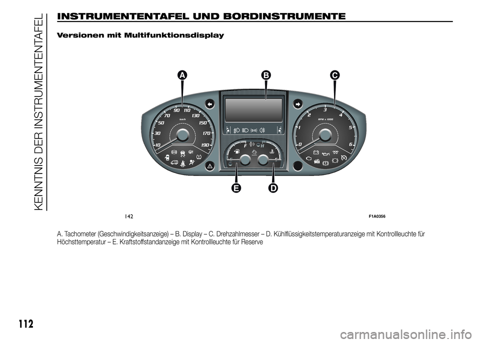 FIAT DUCATO 2015  Betriebsanleitung (in German) INSTRUMENTENTAFEL UND BORDINSTRUMENTE.
Versionen mit Multifunktionsdisplay
A. Tachometer (Geschwindigkeitsanzeige) – B. Display – C. Drehzahlmesser – D. Kühlflüssigkeitstemperaturanzeige mit K