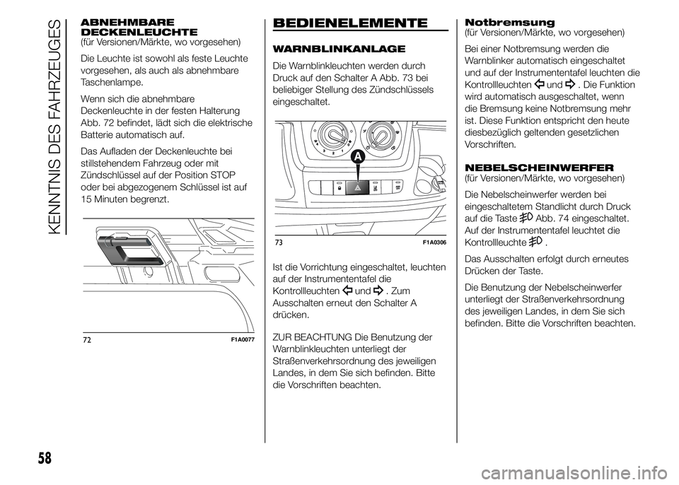 FIAT DUCATO 2015  Betriebsanleitung (in German) ABNEHMBARE
DECKENLEUCHTE
(für Versionen/Märkte, wo vorgesehen)
Die Leuchte ist sowohl als feste Leuchte
vorgesehen, als auch als abnehmbare
Taschenlampe.
Wenn sich die abnehmbare
Deckenleuchte in de