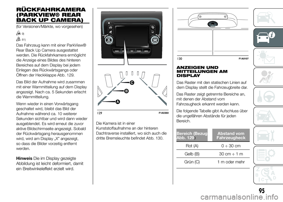 FIAT DUCATO 2015  Betriebsanleitung (in German) RÜCKFAHRKAMERA
(PARKVIEW® REAR
BACK UP CAMERA)
(für Versionen/Märkte, wo vorgesehen)
9)
81)
Das Fahrzeug kann mit einer ParkView®
Rear Back Up Camera ausgestattet
werden. Die Rückfahrkamera erm