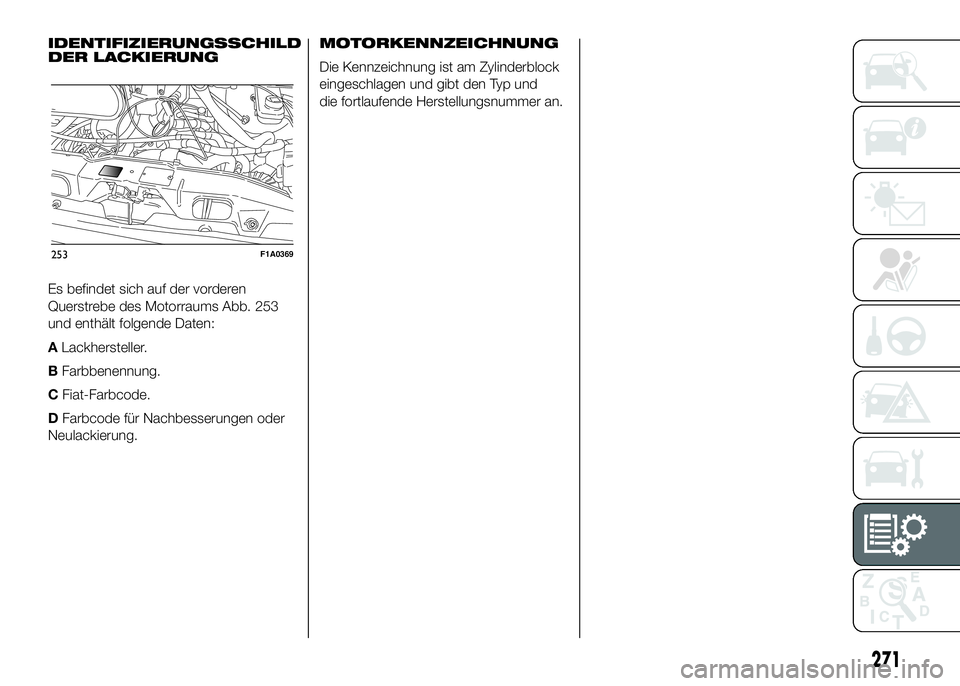 FIAT DUCATO 2016  Betriebsanleitung (in German) IDENTIFIZIERUNGSSCHILD
DER LACKIERUNG
Es befindet sich auf der vorderen
Querstrebe des Motorraums Abb. 253
und enthält folgende Daten:
ALackhersteller.
BFarbbenennung.
CFiat-Farbcode.
DFarbcode für 