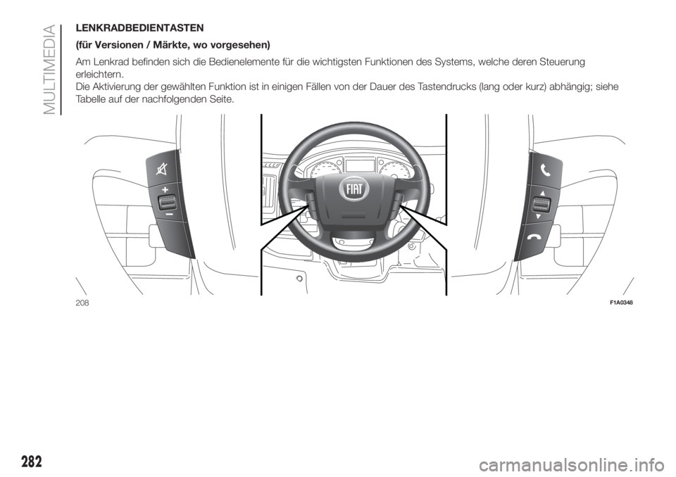 FIAT DUCATO 2017  Betriebsanleitung (in German) LENKRADBEDIENTASTEN
(für Versionen / Märkte, wo vorgesehen)
Am Lenkrad befinden sich die Bedienelemente für die wichtigsten Funktionen des Systems, welche deren Steuerung
erleichtern.
Die Aktivieru