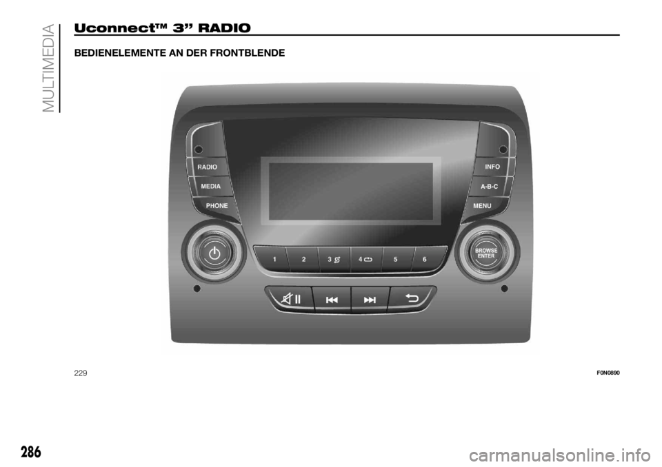 FIAT DUCATO 2018  Betriebsanleitung (in German) Uconnect™ 3” RADIO
BEDIENELEMENTE AN DER FRONTBLENDE
229F0N0890
286
MULTIMEDIA 