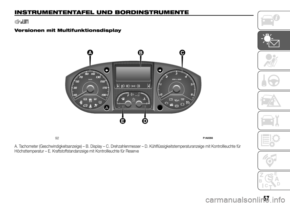 FIAT DUCATO 2018  Betriebsanleitung (in German) INSTRUMENTENTAFEL UND BORDINSTRUMENTE
.
Versionen mit Multifunktionsdisplay
A. Tachometer (Geschwindigkeitsanzeige) – B. Display – C. Drehzahlenmesser – D. Kühlflüssigkeitstemperaturanzeige mi