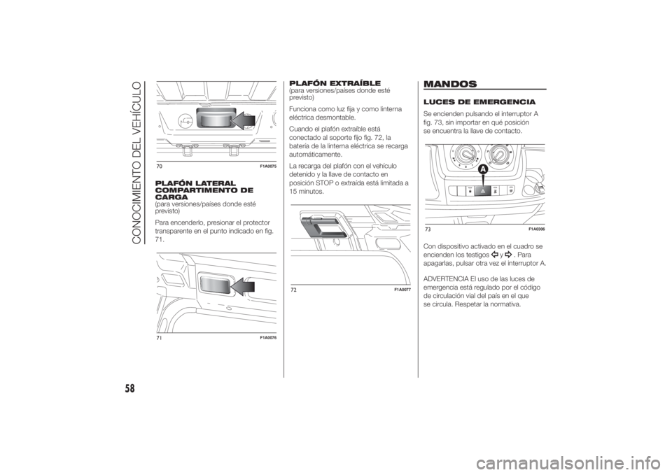 FIAT DUCATO 2014  Manual de Empleo y Cuidado (in Spanish) PLAFÓN LATERAL
COMPARTIMENTO DE
CARGA
(para versiones/países donde esté
previsto)
Para encenderlo, presionar el protector
transparente en el punto indicado en fig.
71.PLAFÓN EXTRAÍBLE
(para versi
