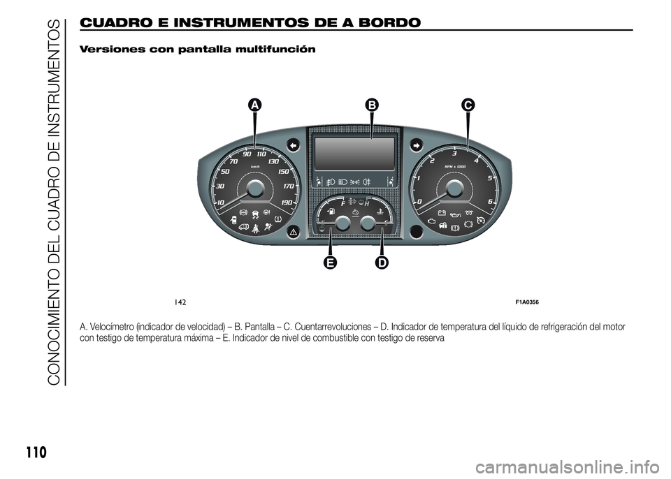 FIAT DUCATO 2015  Manual de Empleo y Cuidado (in Spanish) CUADRO E INSTRUMENTOS DE A BORDO.
Versiones con pantalla multifunción
A. Velocímetro (indicador de velocidad) – B. Pantalla – C. Cuentarrevoluciones – D. Indicador de temperatura del líquido 