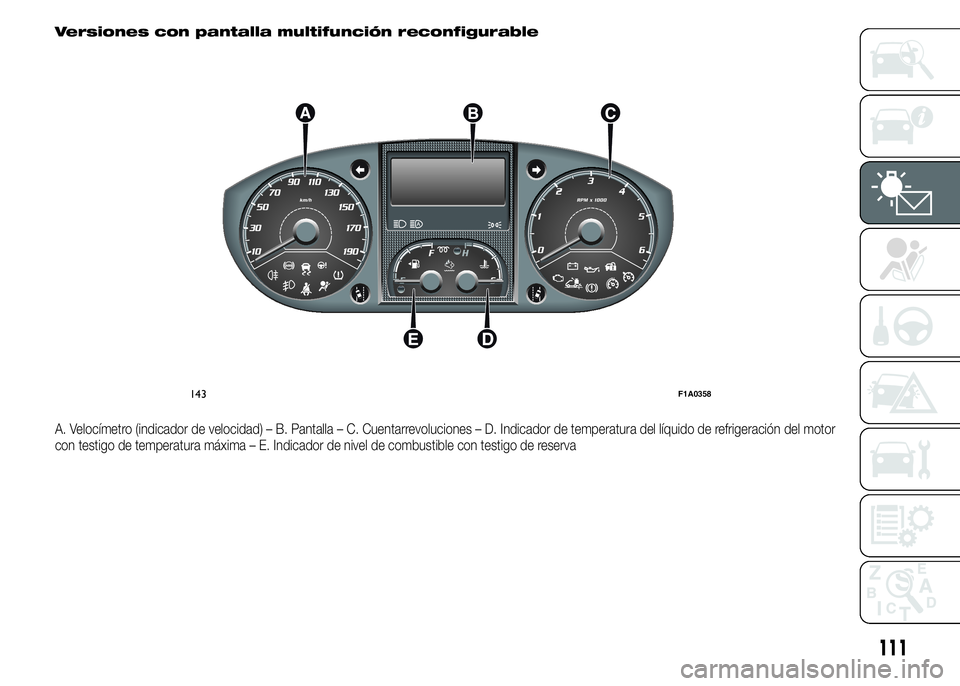 FIAT DUCATO 2015  Manual de Empleo y Cuidado (in Spanish) Versiones con pantalla multifunción reconfigurable
A. Velocímetro (indicador de velocidad) – B. Pantalla – C. Cuentarrevoluciones – D. Indicador de temperatura del líquido de refrigeración d
