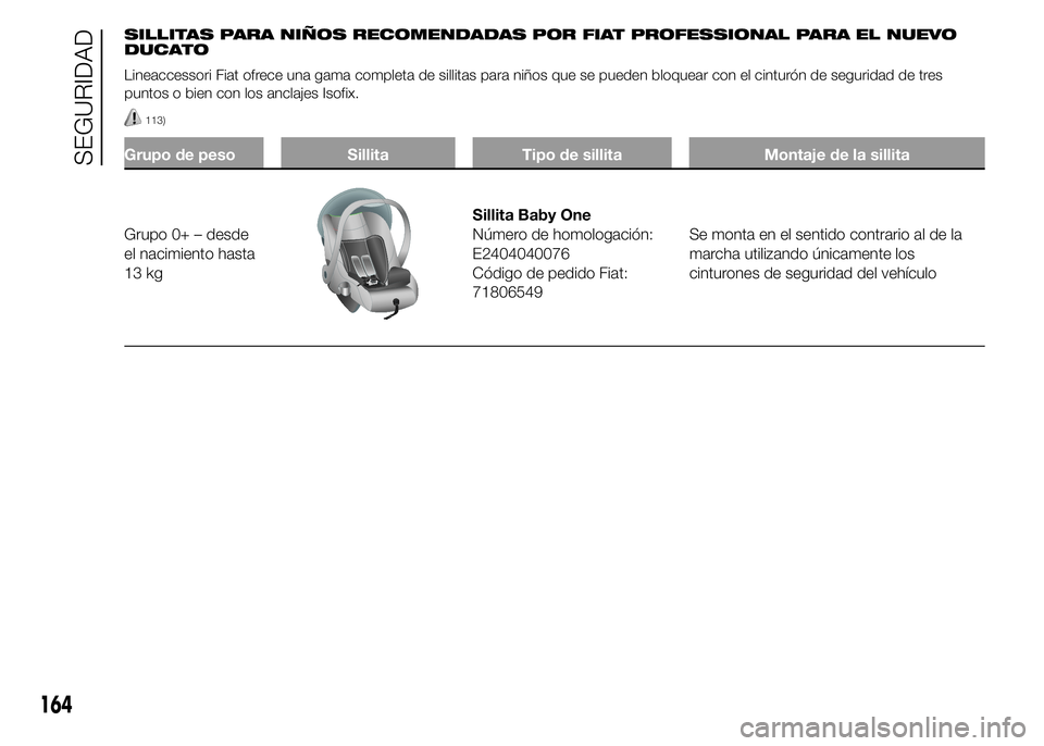 FIAT DUCATO 2015  Manual de Empleo y Cuidado (in Spanish) SILLITAS PARA NIÑOS RECOMENDADAS POR FIAT PROFESSIONAL PARA EL NUEVO
DUCATO
Lineaccessori Fiat ofrece una gama completa de sillitas para niños que se pueden bloquear con el cinturón de seguridad de