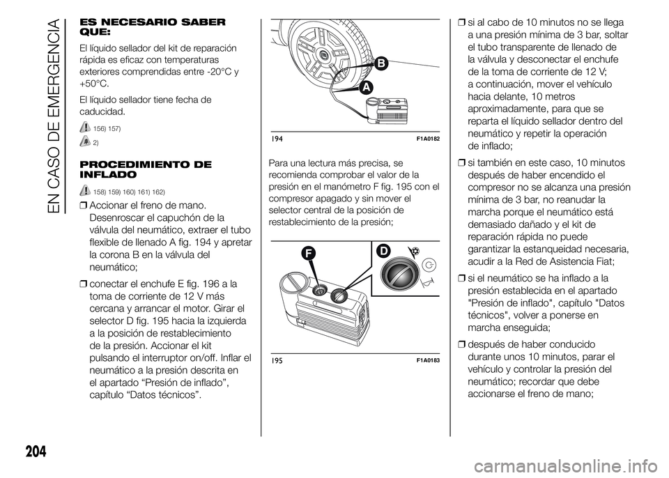 FIAT DUCATO 2015 Manual de Empleo y Cuidado (in Spanish) ES NECESARIO SABER
QUE:
El líquido sellador del kit de reparación
rápida es eficaz con temperaturas
exteriores comprendidas entre -20°C y
+50°C.
El líquido sellador tiene fecha de
caducidad.
156 FIAT DUCATO 2015 Manual de Empleo y Cuidado (in Spanish) ES NECESARIO SABER
QUE:
El líquido sellador del kit de reparación
rápida es eficaz con temperaturas
exteriores comprendidas entre -20°C y
+50°C.
El líquido sellador tiene fecha de
caducidad.
156