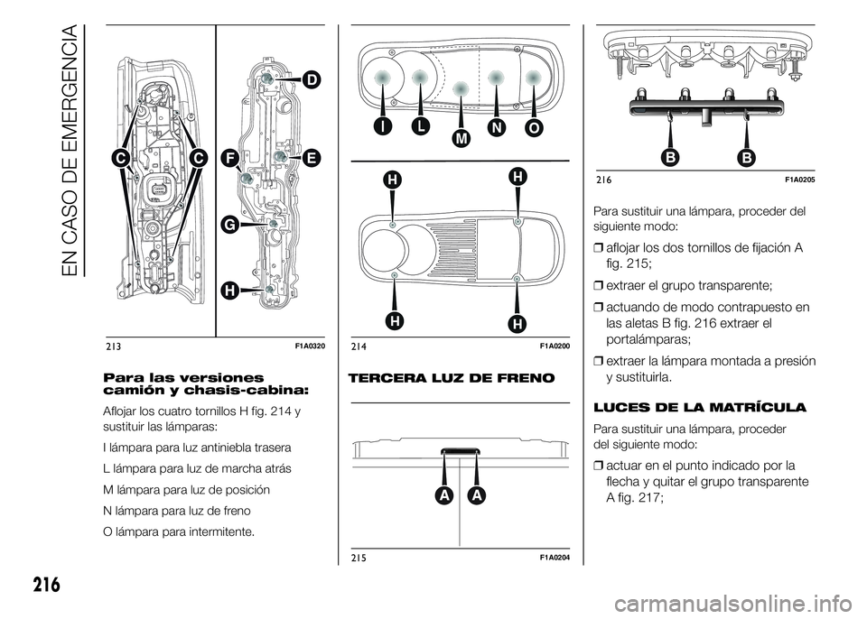 FIAT DUCATO 2015  Manual de Empleo y Cuidado (in Spanish) Para las versiones
camión y chasis-cabina:
Aflojar los cuatro tornillos H fig. 214 y
sustituir las lámparas:
I lámpara para luz antiniebla trasera
L lámpara para luz de marcha atrás
M lámpara pa