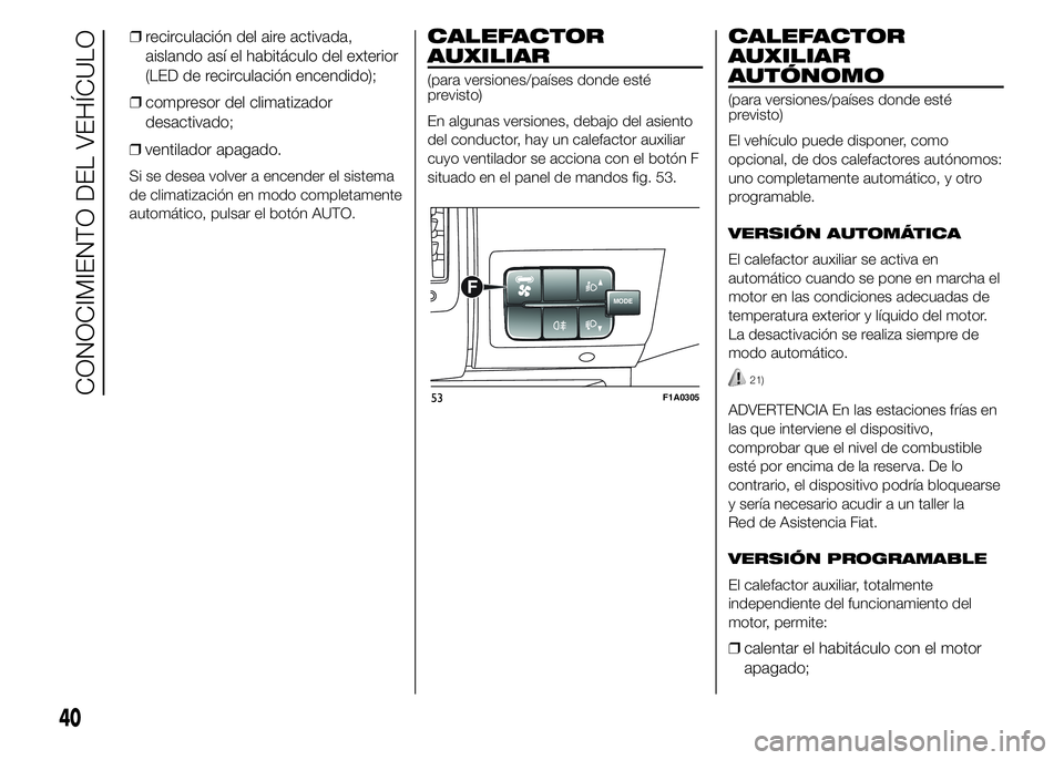 FIAT DUCATO 2015 Manual de Empleo y Cuidado (in Spanish) ❒ventilador apagado.
Si se desea volver a encender el sistema
de climatización en modo completamente
automático, pulsar el botón AUTO.
CALEFACTOR
AUXILIAR
(para versiones/países donde esté
prev FIAT DUCATO 2015 Manual de Empleo y Cuidado (in Spanish) ❒ventilador apagado.
Si se desea volver a encender el sistema
de climatización en modo completamente
automático, pulsar el botón AUTO.
CALEFACTOR
AUXILIAR
(para versiones/países donde esté
prev