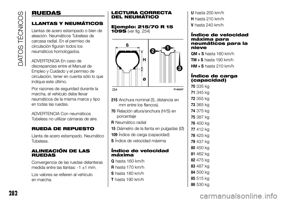 FIAT DUCATO 2016  Manual de Empleo y Cuidado (in Spanish) RUEDAS
LLANTAS Y NEUMÁTICOS
Llantas de acero estampado o bien de
aleación. Neumáticos Tubeless de
carcasa radial. En el permiso de
circulación figuran todos los
neumáticos homologados.
ADVERTENCI