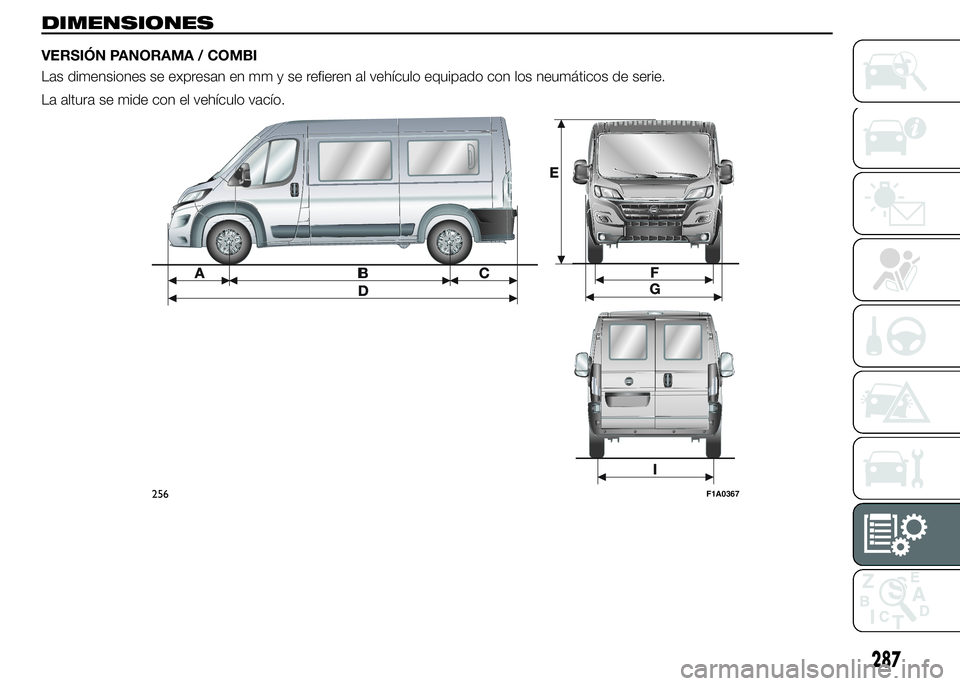 FIAT DUCATO 2016  Manual de Empleo y Cuidado (in Spanish) 256F1A0367
287
DIMENSIONES
VERSIÓN PANORAMA / COMBI
Las dimensiones se expresan en mm y se refieren al vehículo equipado con los neumáticos de serie.
La altura se mide con el vehículo vacío. 