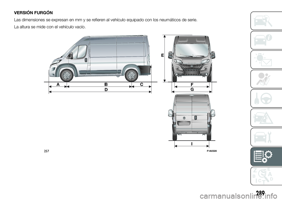 FIAT DUCATO 2016  Manual de Empleo y Cuidado (in Spanish) VERSIÓN FURGÓN
Las dimensiones se expresan en mm y se refieren al vehículo equipado con los neumáticos de serie.
La altura se mide con el vehículo vacío.
257F1A0328
289 