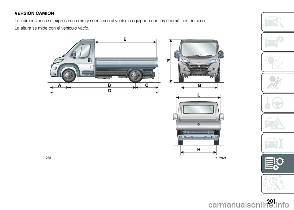 FIAT DUCATO 2016  Manual de Empleo y Cuidado (in Spanish) VERSIÓN CAMIÓN
Las dimensiones se expresan en mm y se refieren al vehículo equipado con los neumáticos de serie.
La altura se mide con el vehículo vacío.
258F1A0329
291 