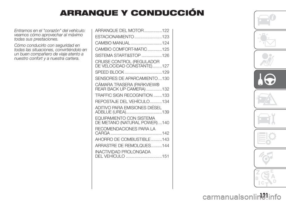FIAT DUCATO 2017 Manual de Empleo y Cuidado (in Spanish) ARRANQUE Y CONDUCCIÓN
Entramos en el "corazón" del vehículo:
veamos cómo aprovechar al máximo
todas sus prestaciones.
Cómo conducirlo con seguridad en
todas las situaciones, convirtiénd FIAT DUCATO 2017 Manual de Empleo y Cuidado (in Spanish) ARRANQUE Y CONDUCCIÓN
Entramos en el "corazón" del vehículo:
veamos cómo aprovechar al máximo
todas sus prestaciones.
Cómo conducirlo con seguridad en
todas las situaciones, convirtiénd